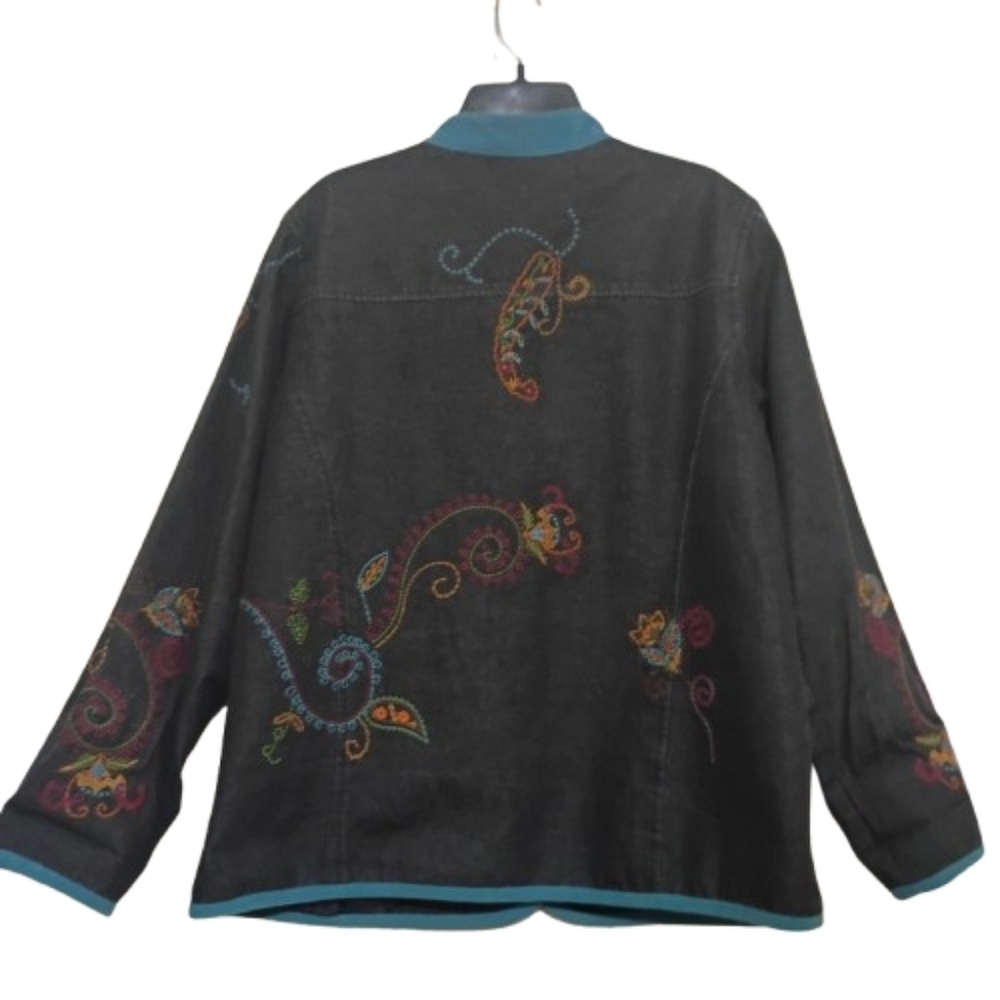 Denim & Co Floral Paisley Embroidered Artisian Inspire Vtg Jean Jacket Lge Boho - Picture 10 of 16
